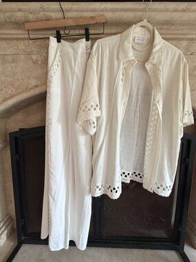 SABO 100% Linen Matching Set Size S White Button Up & Relaxed Straight Leg Pants
